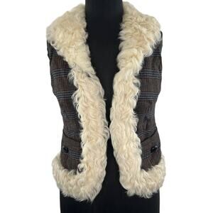 Y2K Arden B Plaid Wool Blend Sleeveless Open Front Women's Faux Fur Vest S Small